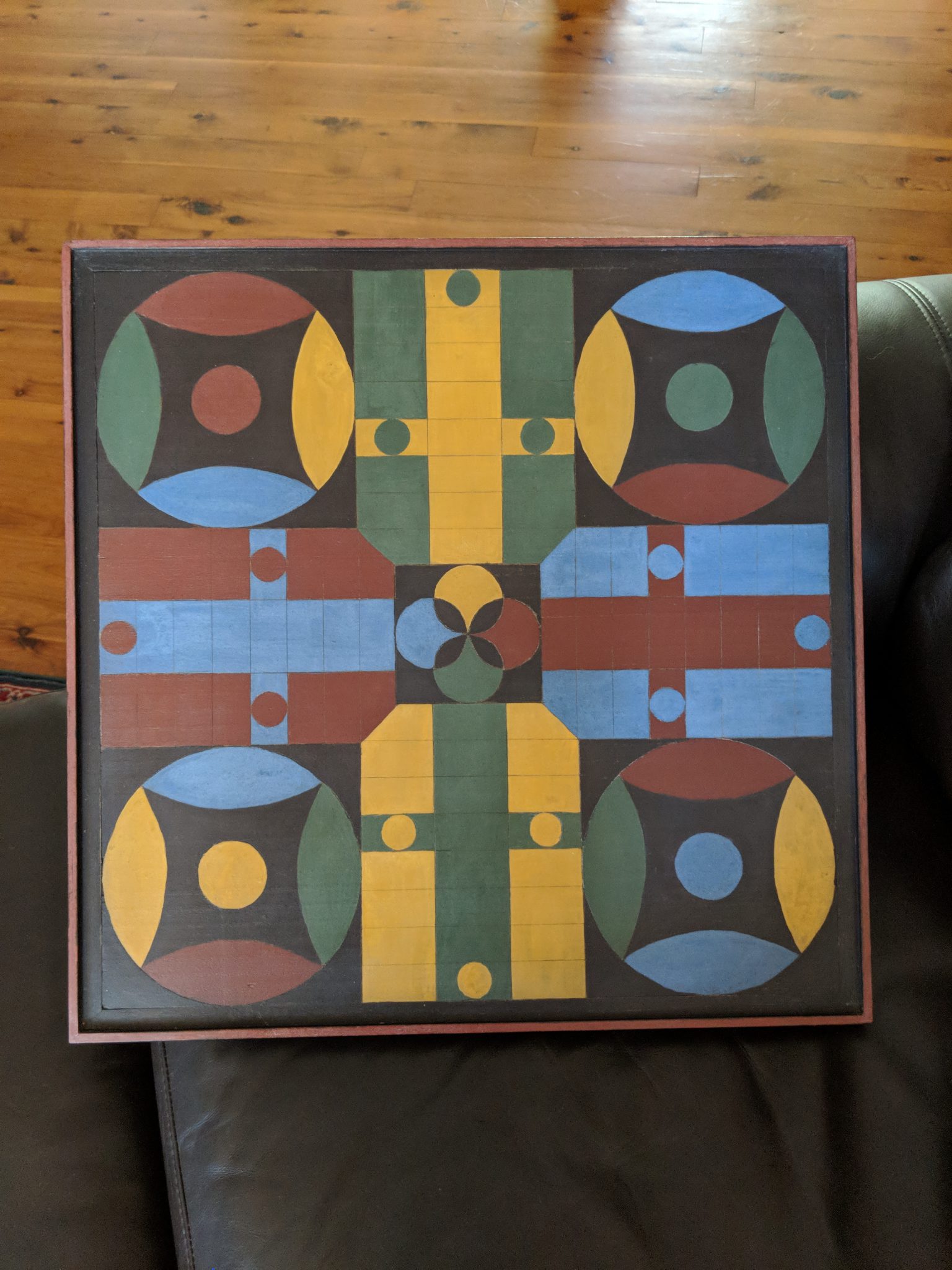 Milk painted game board. Has both Checkers and Parcheesi