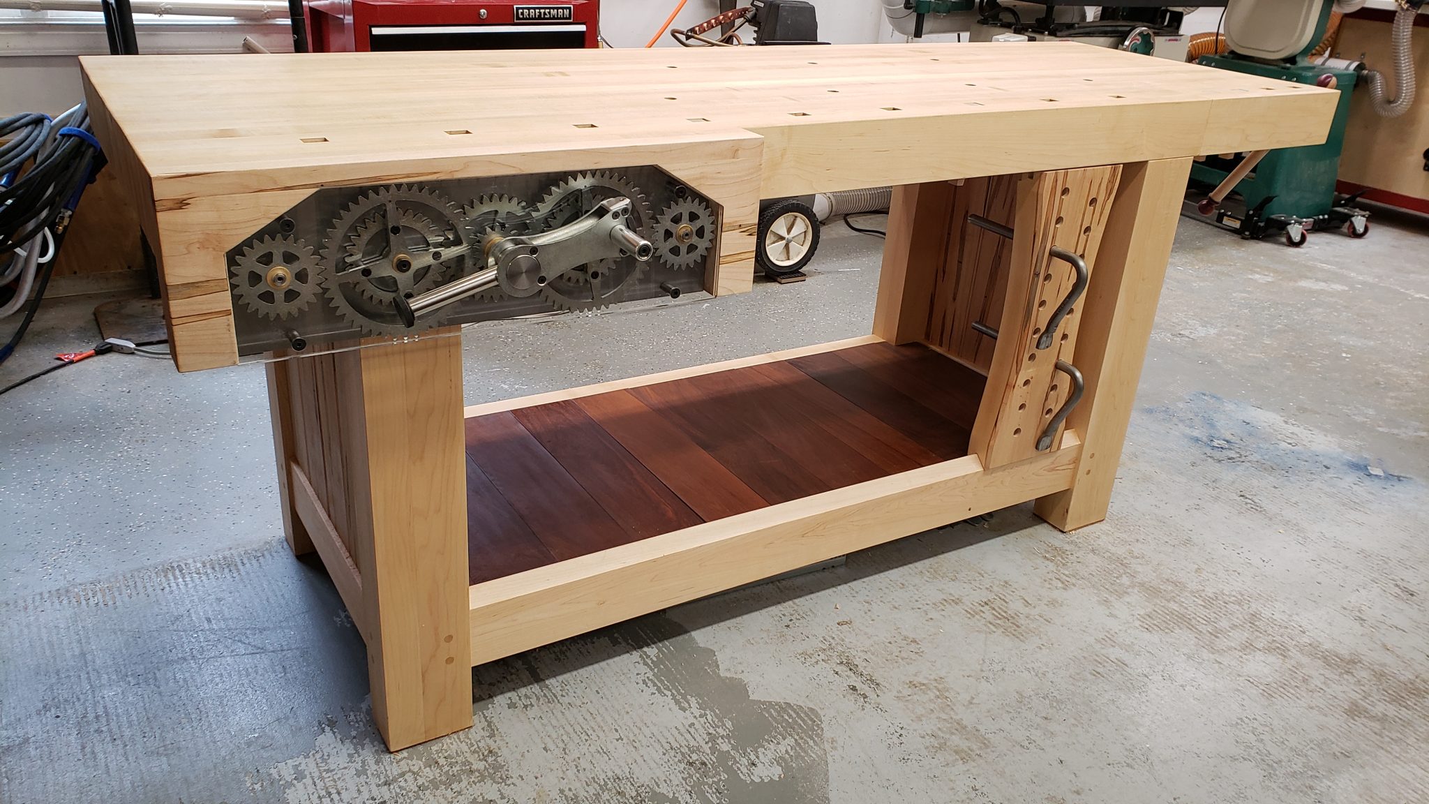 Woodworking workbench, solid hard Maple with Ambrosia Maple trim, Ipe shelf