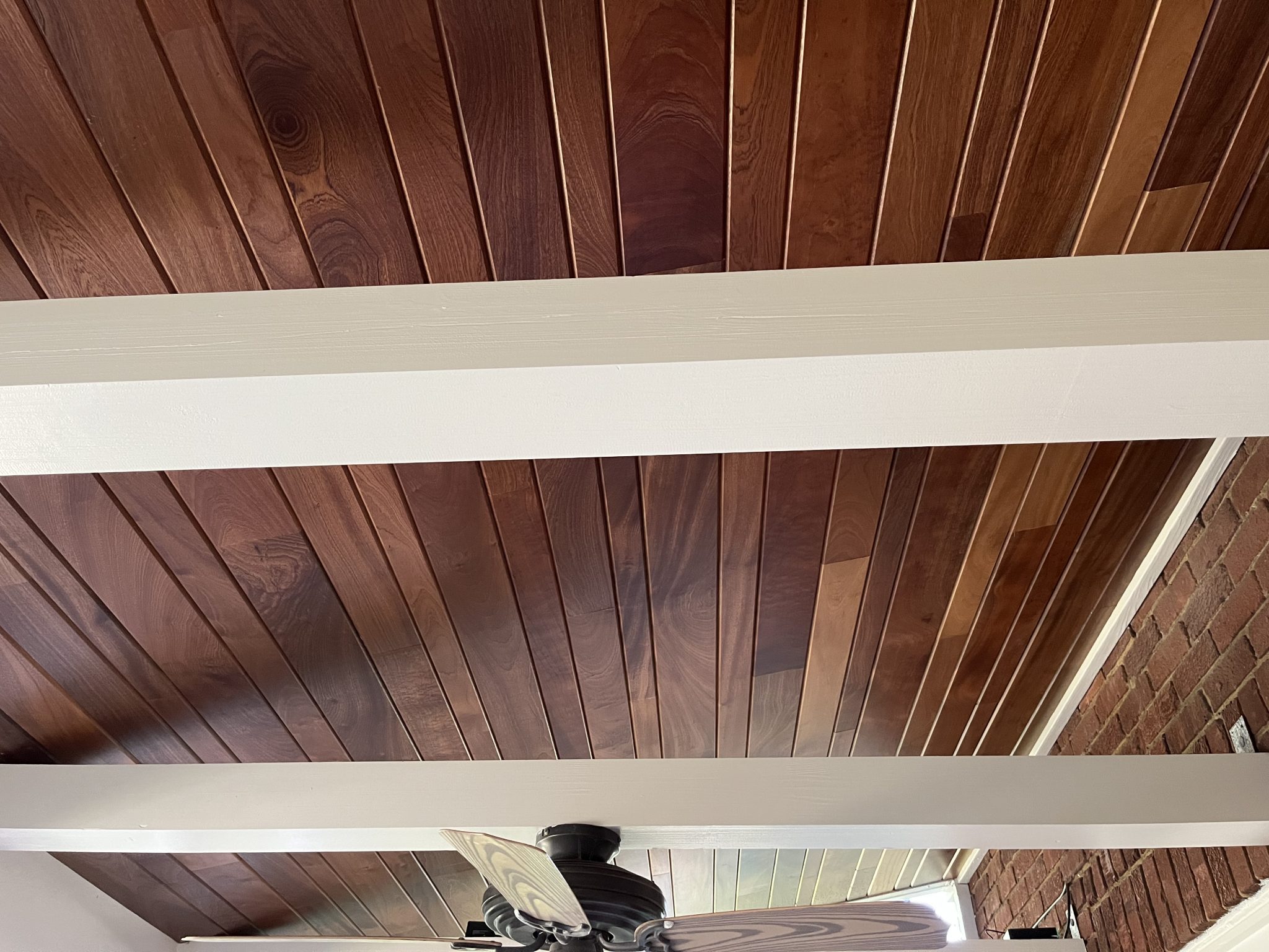 Tongue and groove Sapele porch ceiling