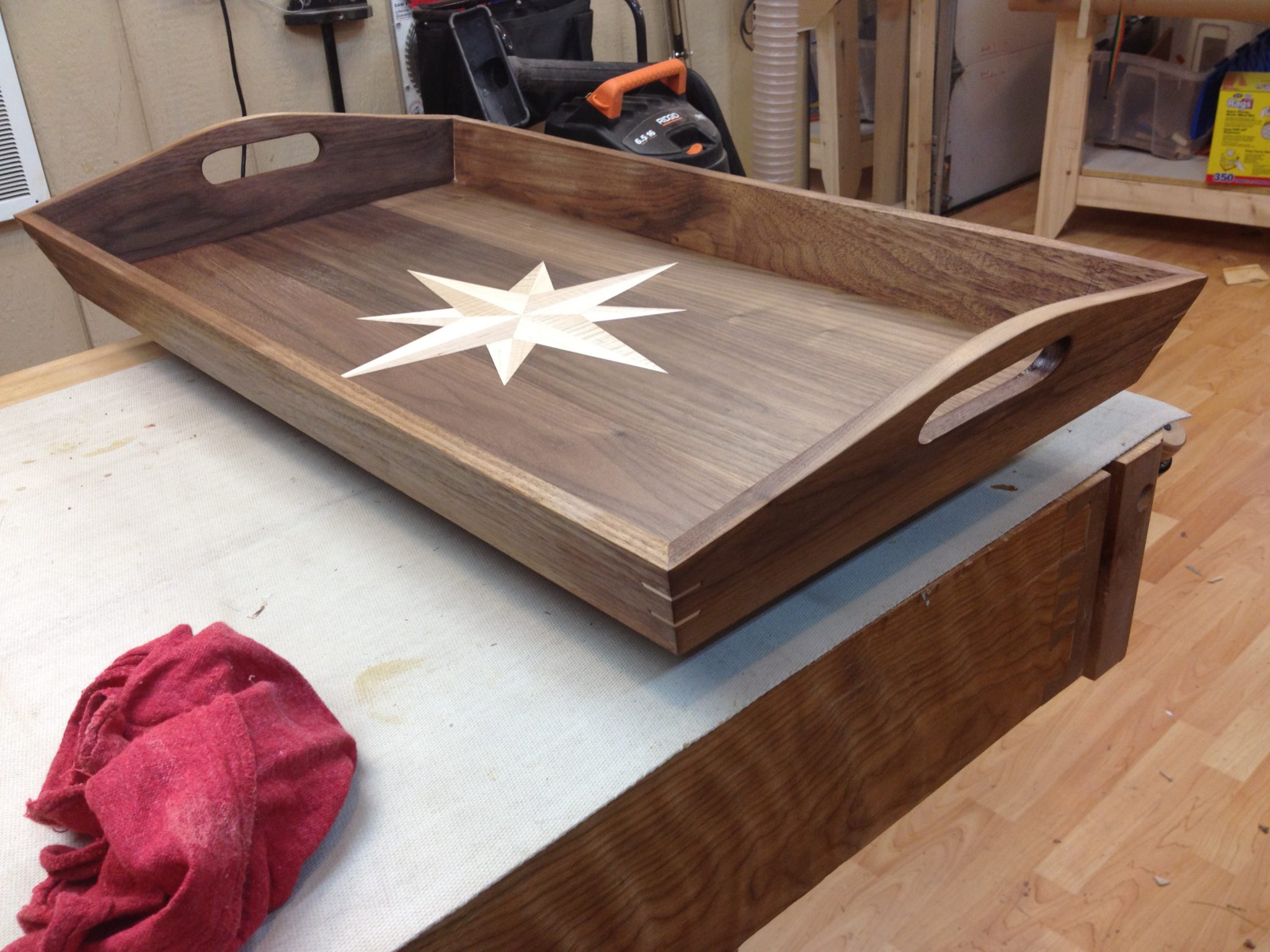 Walnut serving tray with curly cherry and maple inlay