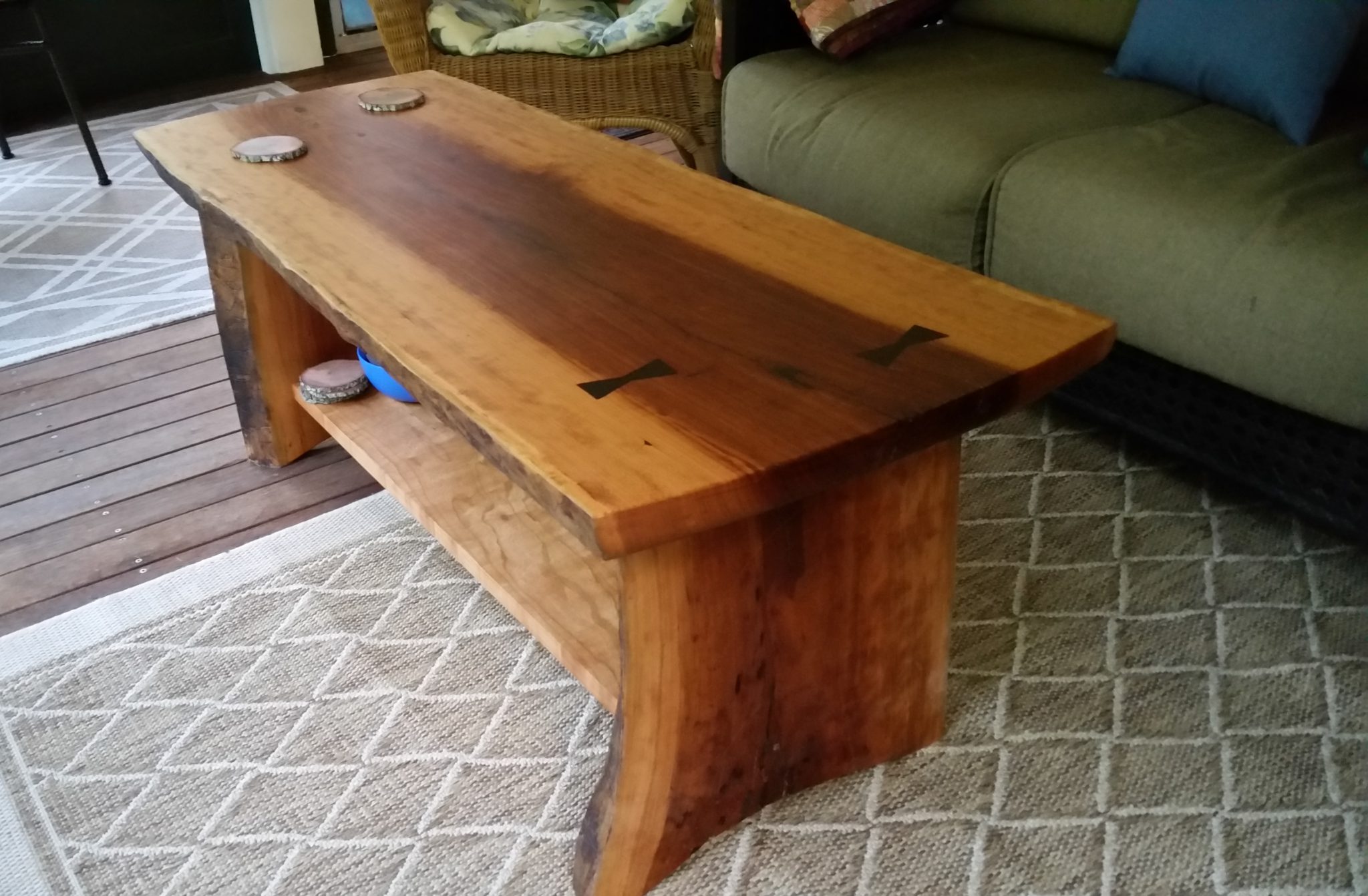 Live edge coffee table with wenge bowties inset