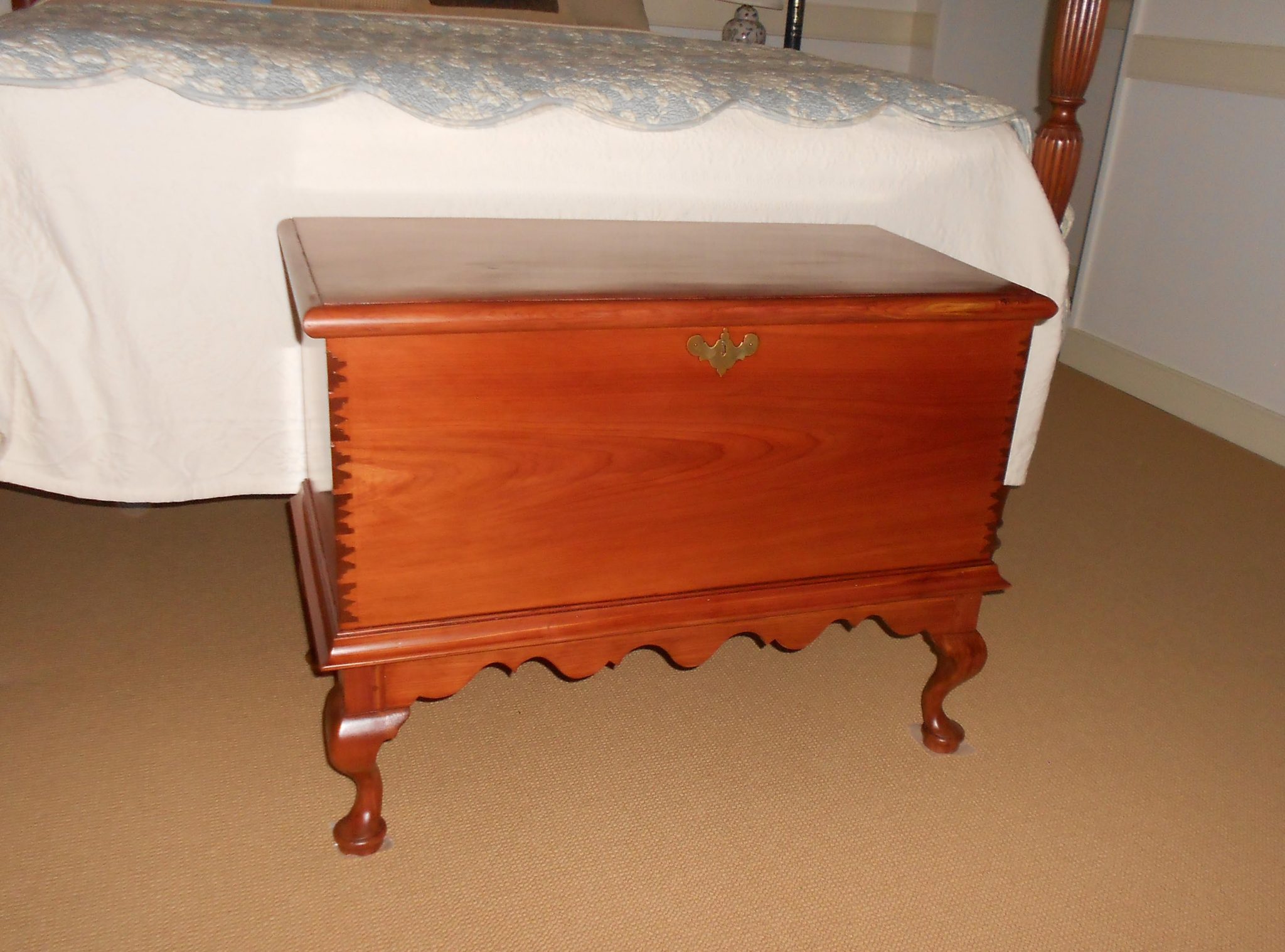 Wide board cedar chest with custom Bermuda style and dovetails made with traditions tools.