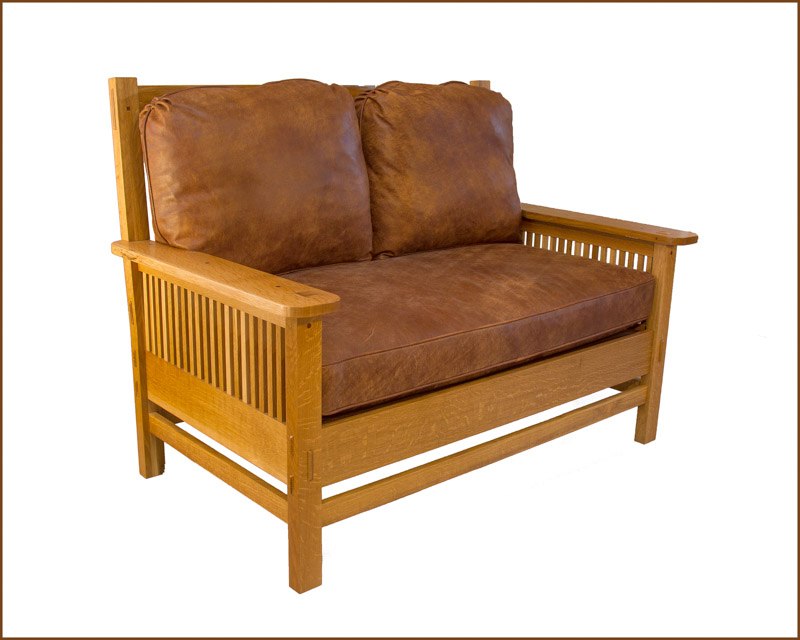 Fumed quartersawn Cradtsman white oak settee with leather upholstery 