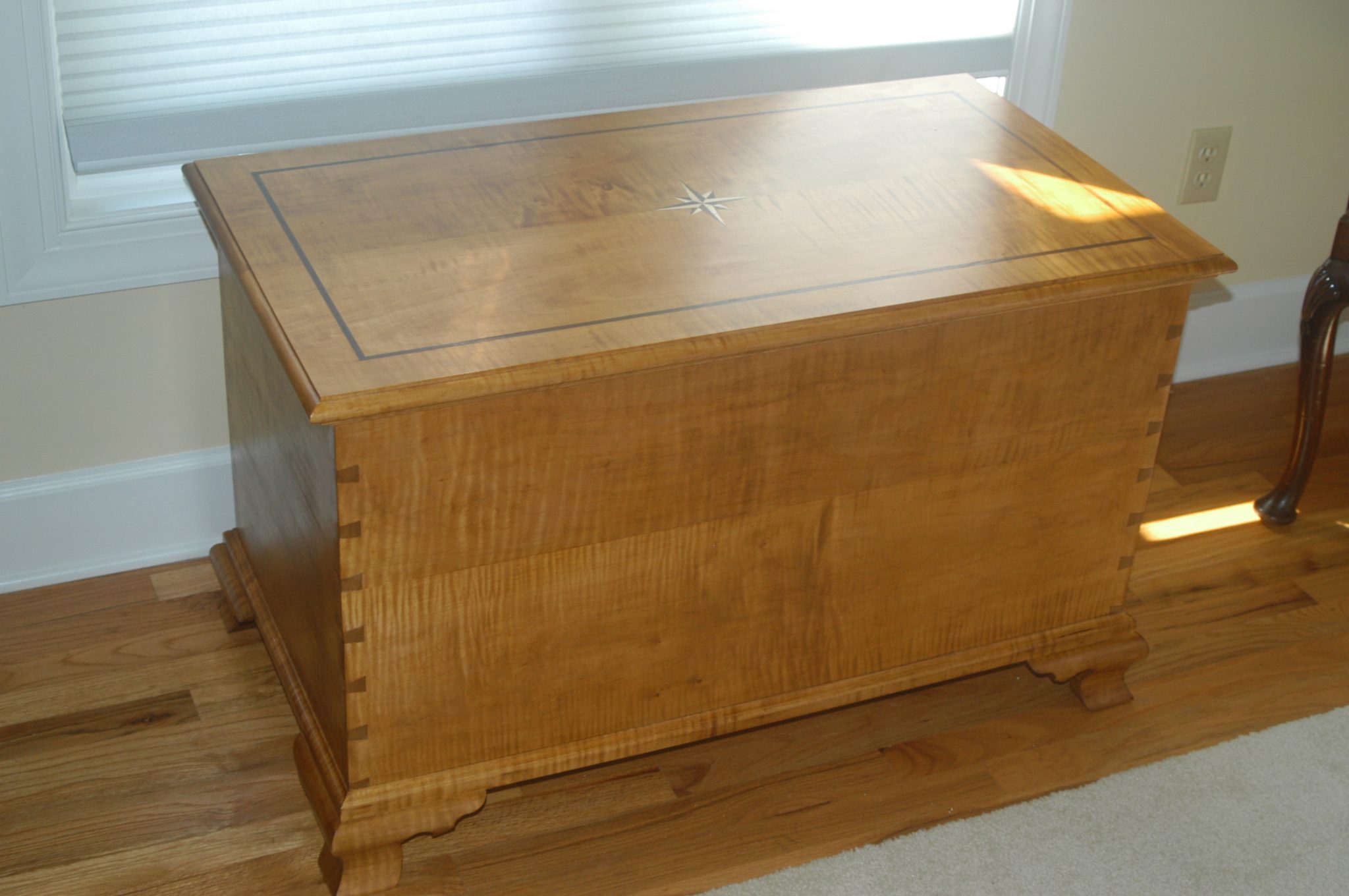 Tiger Maple Blanket Chest, Cedar lined with Compass and Border Inlay in Top and Ogee Feet