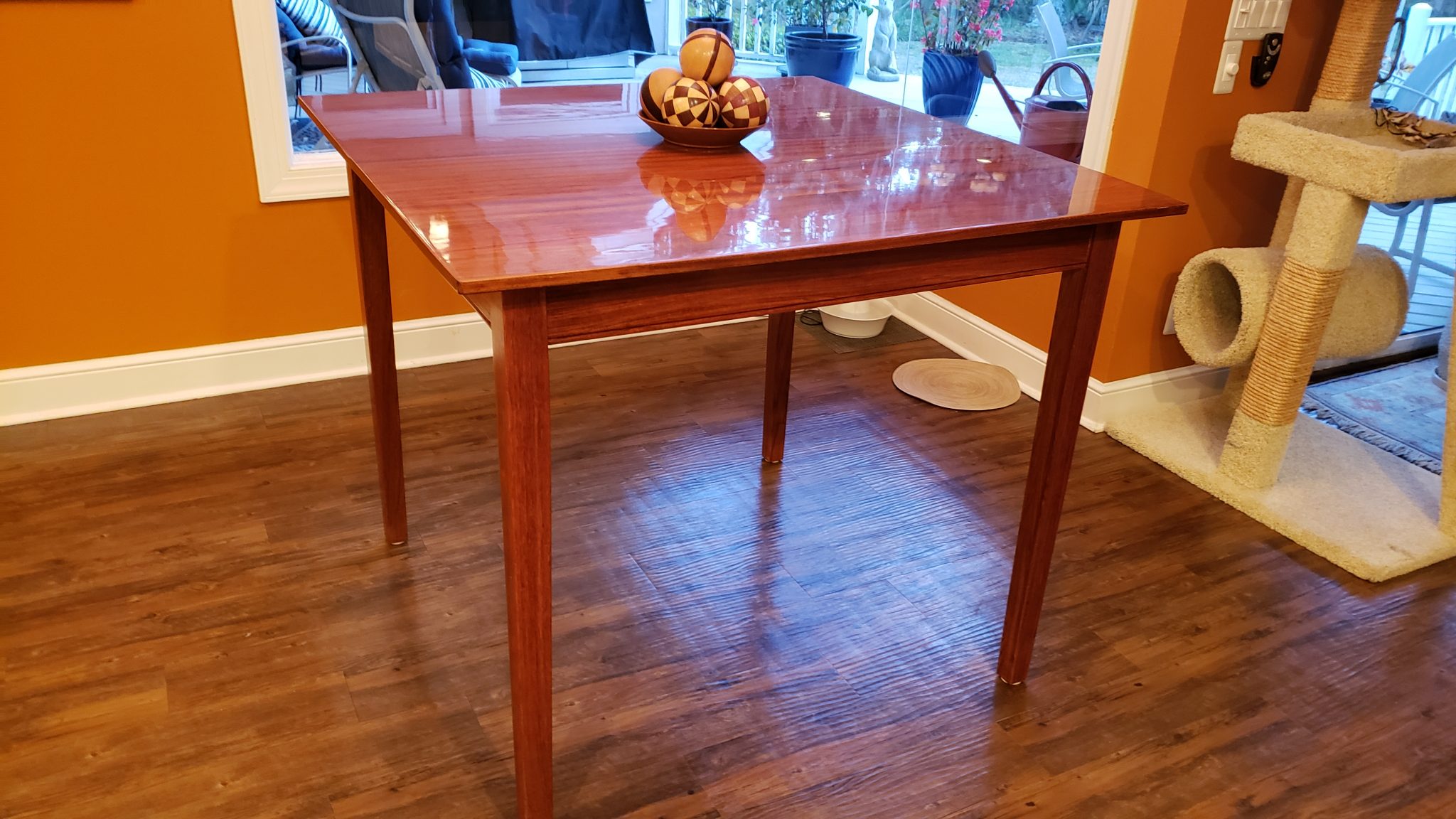 Pub table made from reclaimed Jatoba flooring. Pre-cat lacquer finish, 37" tall.