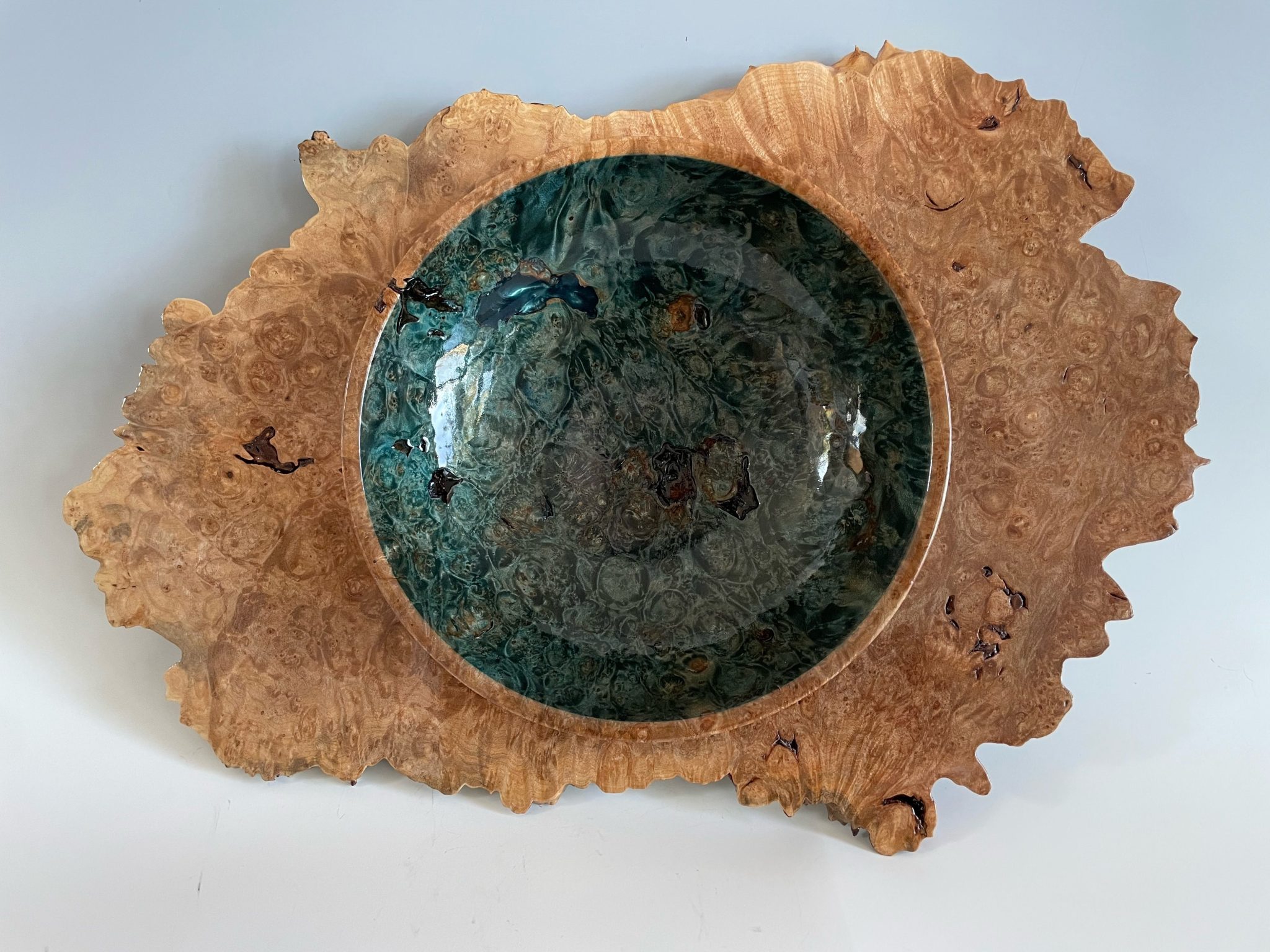 Big Leaf Maple Burl, dyed black/blue on the inside. It is an “embedded bowl”. To be donated to the upcoming Pinpoint Heritage Museum auction