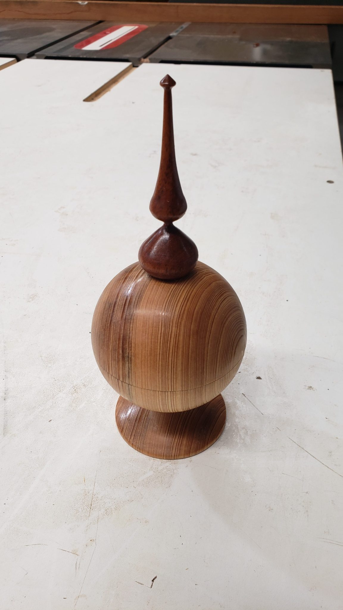 Spherical box and final out of Sinker Cypress and Mahogany  